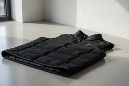 Black heated sports vest on a modern minimalist background, professional lifestyle product photography, natural lighting, contemporary aesthetic, premium look