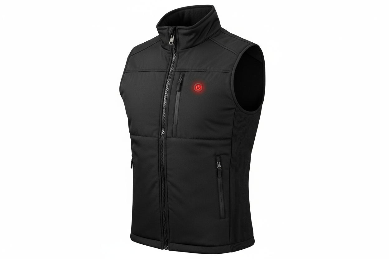 Professional product photography of a black heated sports vest at 3/4 angle on clean white background, studio lighting, high-end commercial quality, showing front and side details
