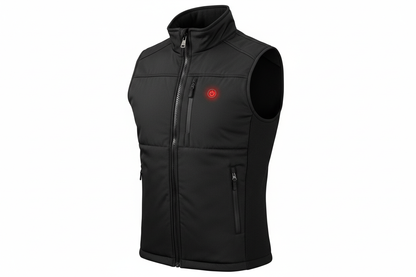 Professional product photography of a black heated sports vest at 3/4 angle on clean white background, studio lighting, high-end commercial quality, showing front and side details