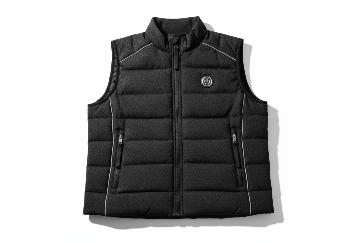 Professional product photography of a black heated sports vest on a clean white background, studio lighting, high-end commercial quality, front view, centered composition