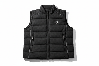 Professional product photography of a black heated sports vest on a clean white background, studio lighting, high-end commercial quality, front view, centered composition