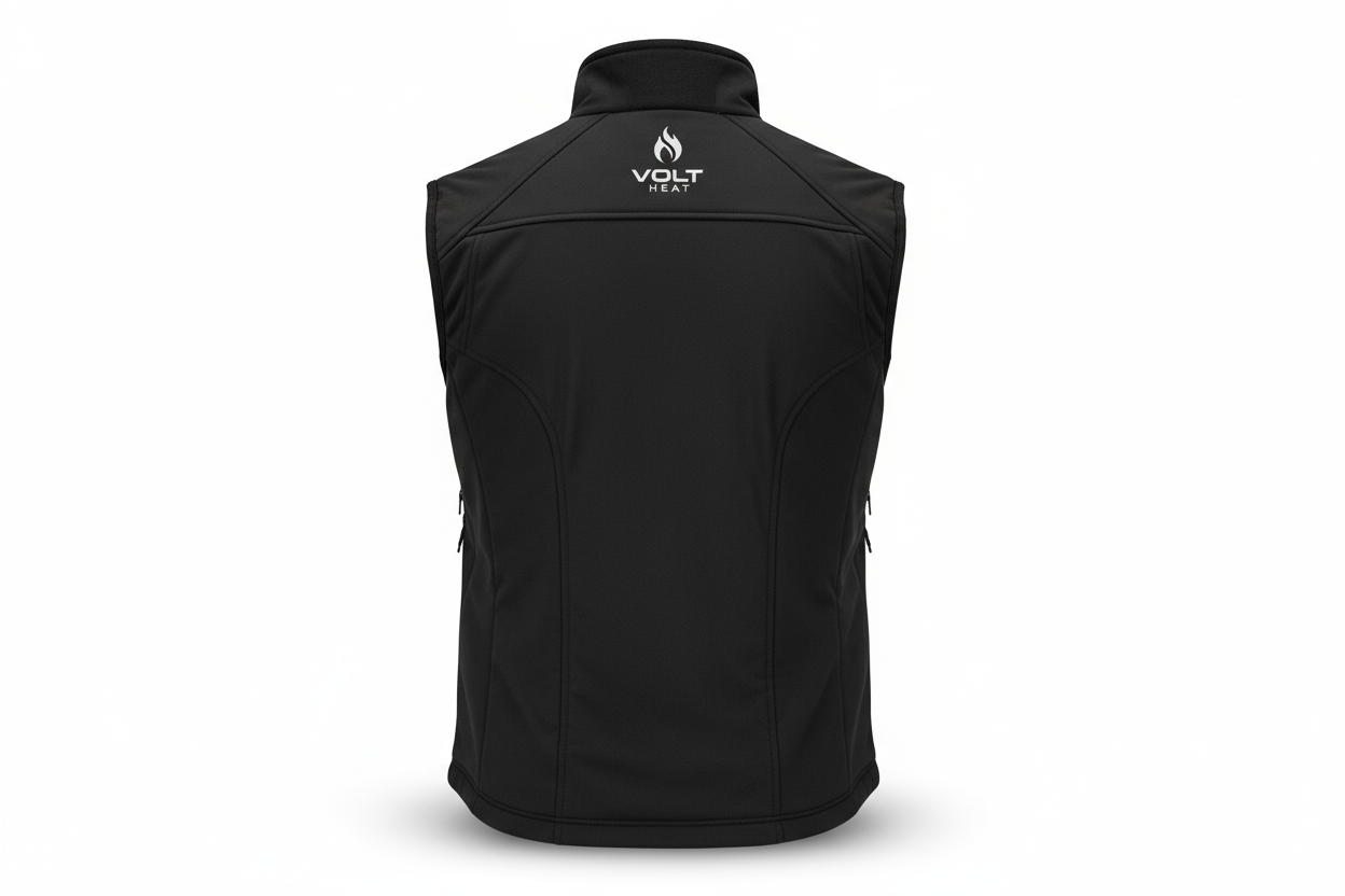 Professional product photography of a black heated sports vest showing the back view on a clean white background, studio lighting, high-end commercial quality, centered composition