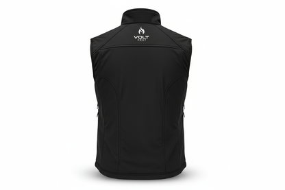 Professional product photography of a black heated sports vest showing the back view on a clean white background, studio lighting, high-end commercial quality, centered composition